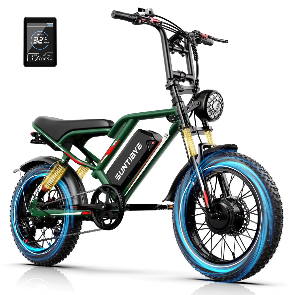 S8 Fat Tire Electric Bike 20", 3000W Dual Motor E-Mountain Bike for Adults, 32MPH 7-Speed Ebike,48V 25AH UL2849, Green