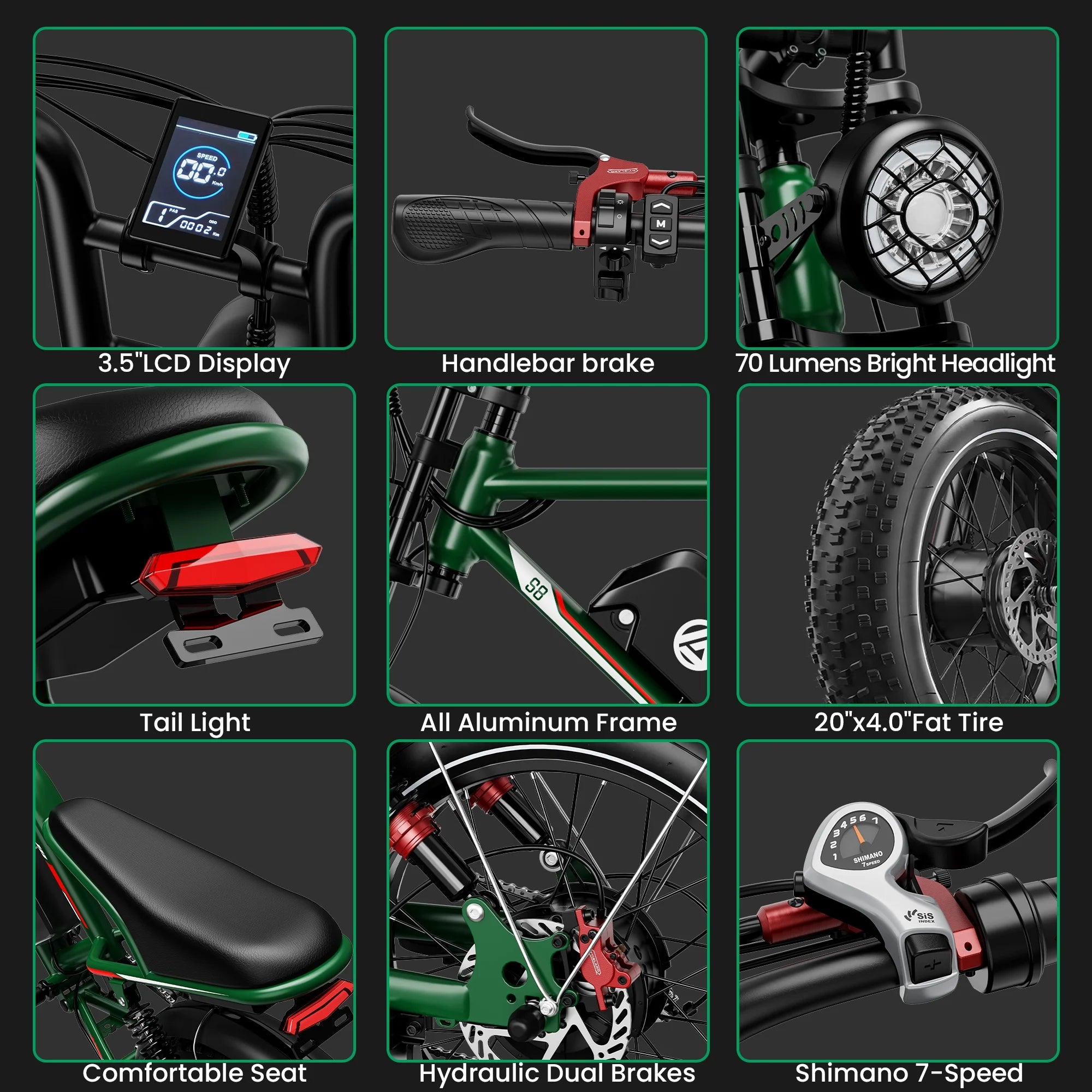 S8 Fat Tire Electric Bike 20", 3000W Dual Motor E-Mountain Bike for Adults, 32MPH 7-Speed Ebike,48V 25AH UL2849, Green