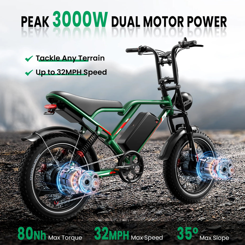 S8 Fat Tire Electric Bike 20", 3000W Dual Motor E-Mountain Bike for Adults, 32MPH 7-Speed Ebike,48V 25AH UL2849, Green