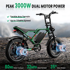 S8 Fat Tire Electric Bike 20", 3000W Dual Motor E-Mountain Bike for Adults, 32MPH 7-Speed Ebike,48V 25AH UL2849, Green