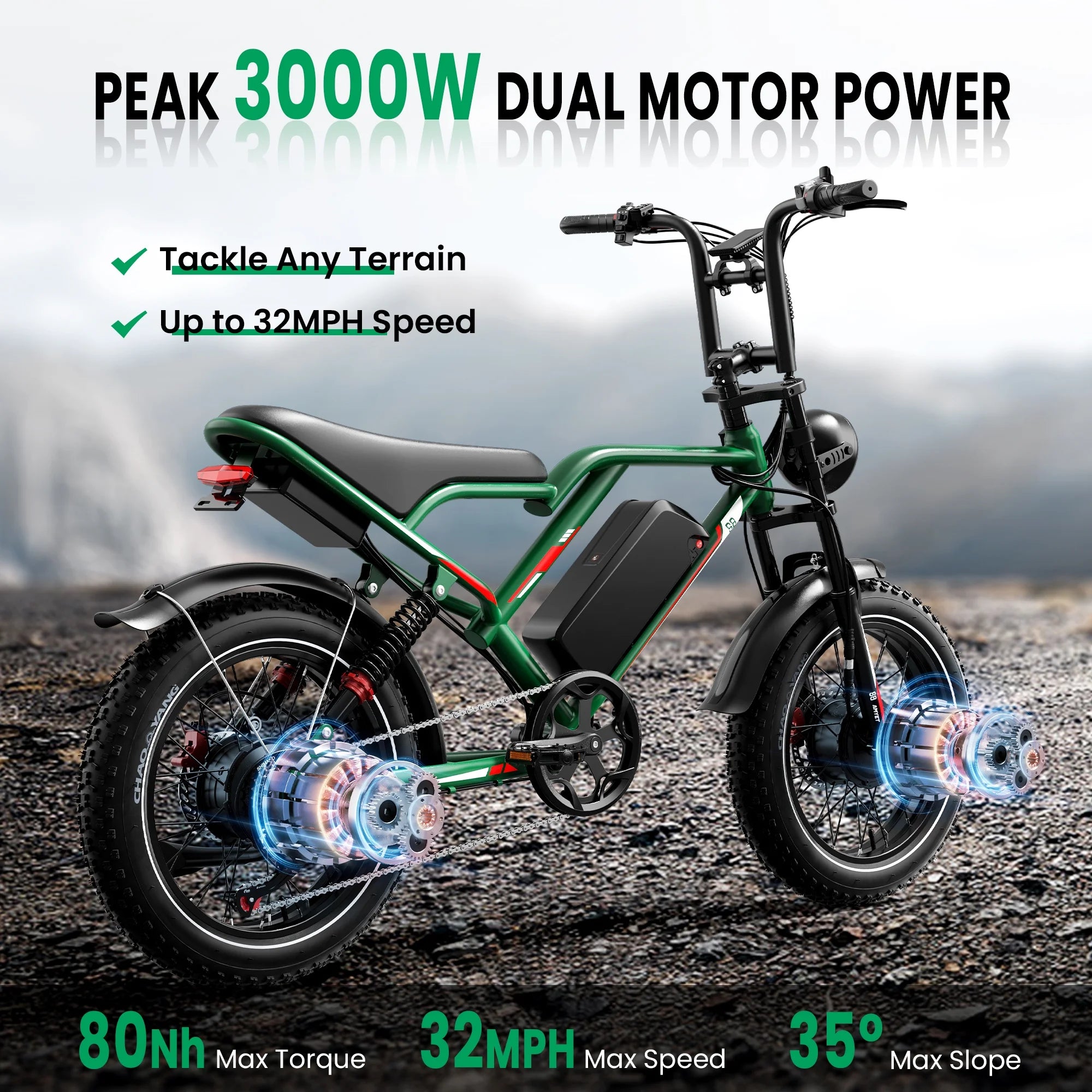 S8 Fat Tire Electric Bike 20", 3000W Dual Motor E-Mountain Bike for Adults, 32MPH 7-Speed Ebike,48V 25AH UL2849, Green