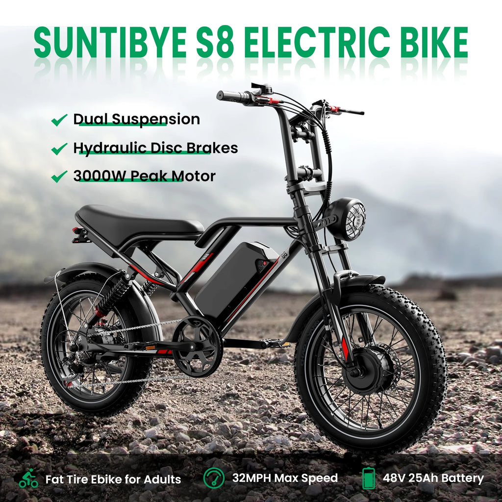 S8 Fat Tire Electric Bike 20", 3000W Dual Motor E-Mountain Bike for Adults, 32MPH 7-Speed Ebike,48V 25AH UL2849, Black