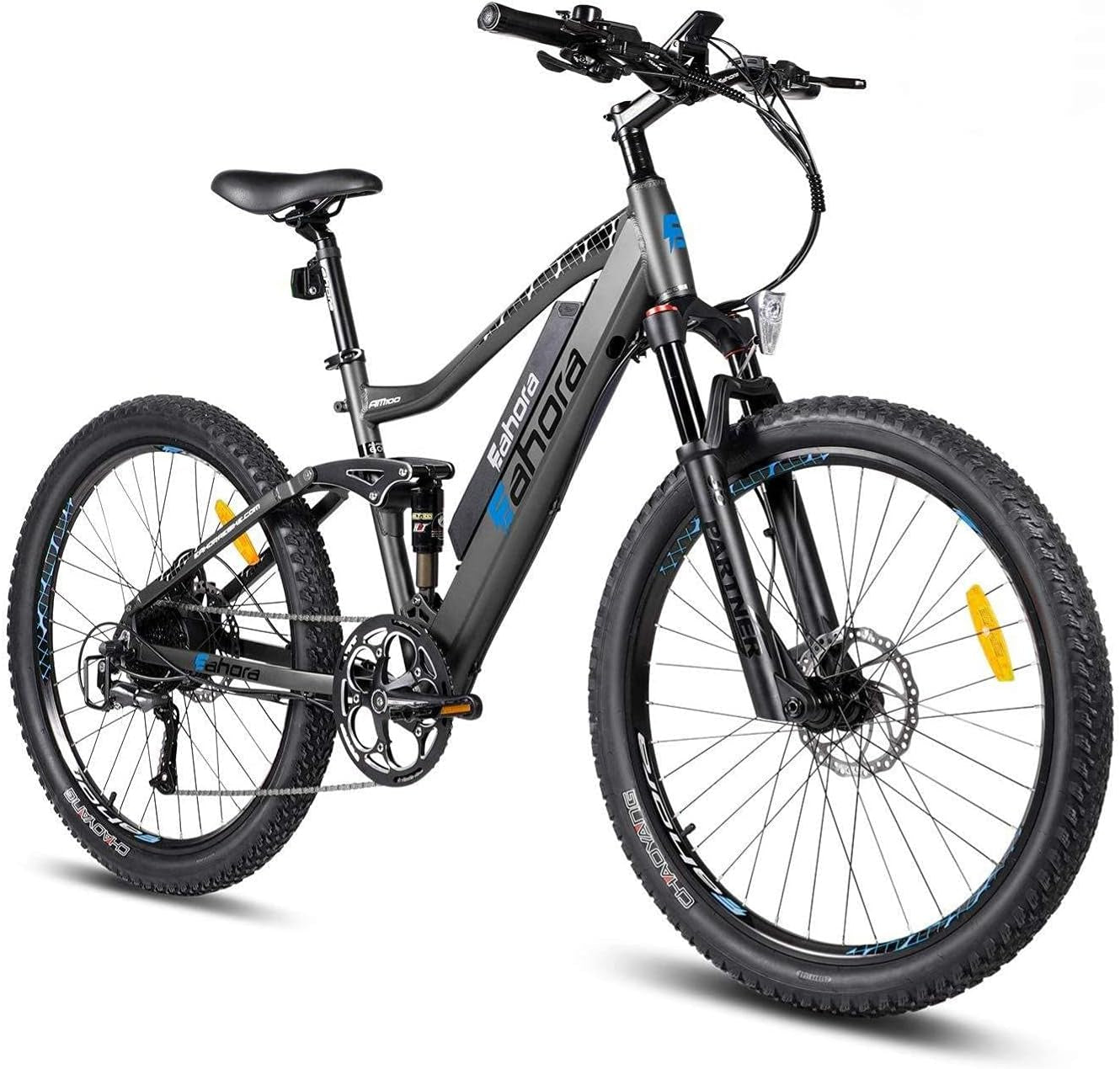 AM100 Upgraded Electric Mountain Bike 750W Peak 30MPH 14AH Battery 27.5'' Electric Bike for Adults, Full Suspension, Dual Hydraulic Brakes, 9 Speed Gears Ebike