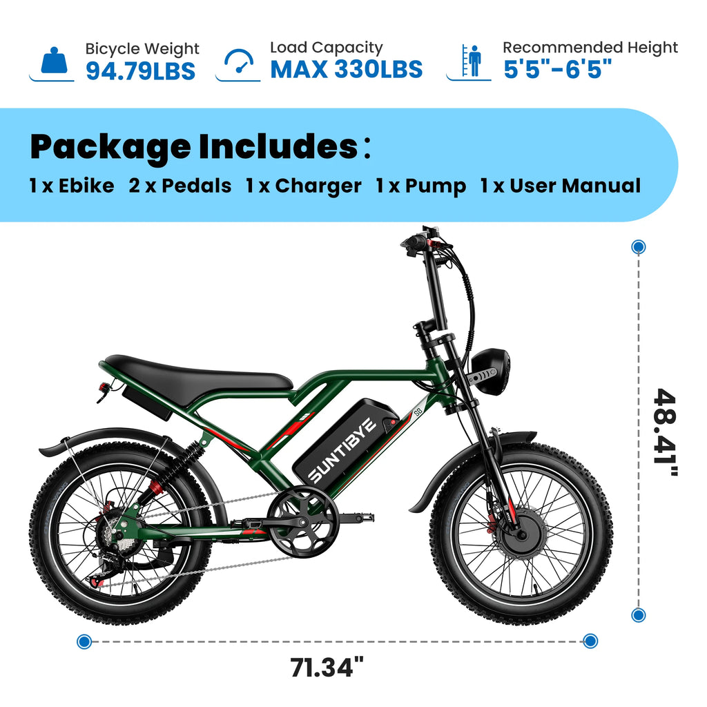 S8 Fat Tire Electric Bike 20", 3000W Dual Motor E-Mountain Bike for Adults, 32MPH 7-Speed Ebike,48V 25AH UL2849, Green