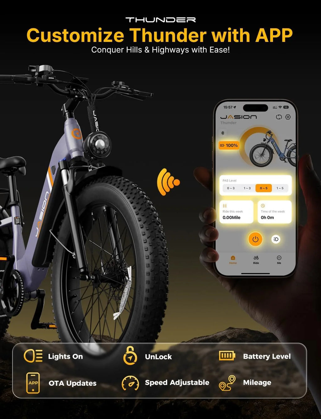 Thunder Electric Bike for Adults, 26'' X 4'' Fat Tire Ebike with 48V 18Ah Removable Battery, APP Control Electric Mountain Bike, UL2849