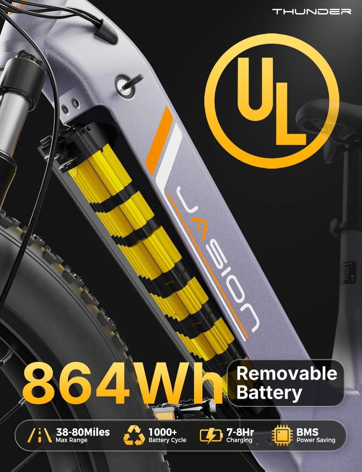 Thunder Electric Bike for Adults, 26'' X 4'' Fat Tire Ebike with 48V 18Ah Removable Battery, APP Control Electric Mountain Bike, UL2849