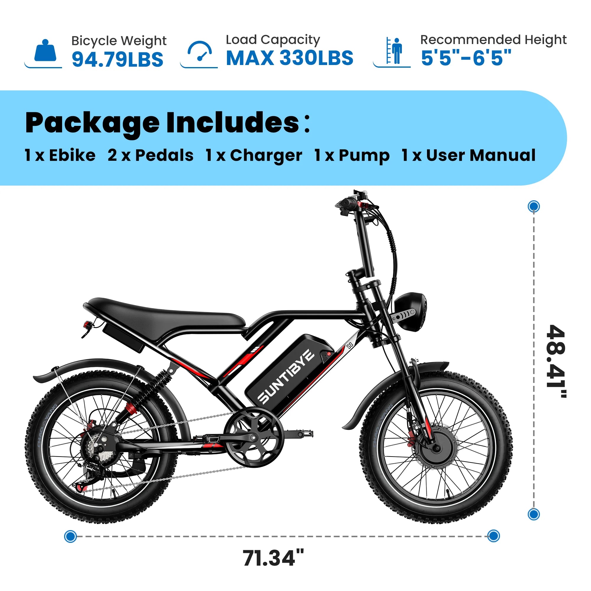 S8 Fat Tire Electric Bike 20", 3000W Dual Motor E-Mountain Bike for Adults, 32MPH 7-Speed Ebike,48V 25AH UL2849, Black
