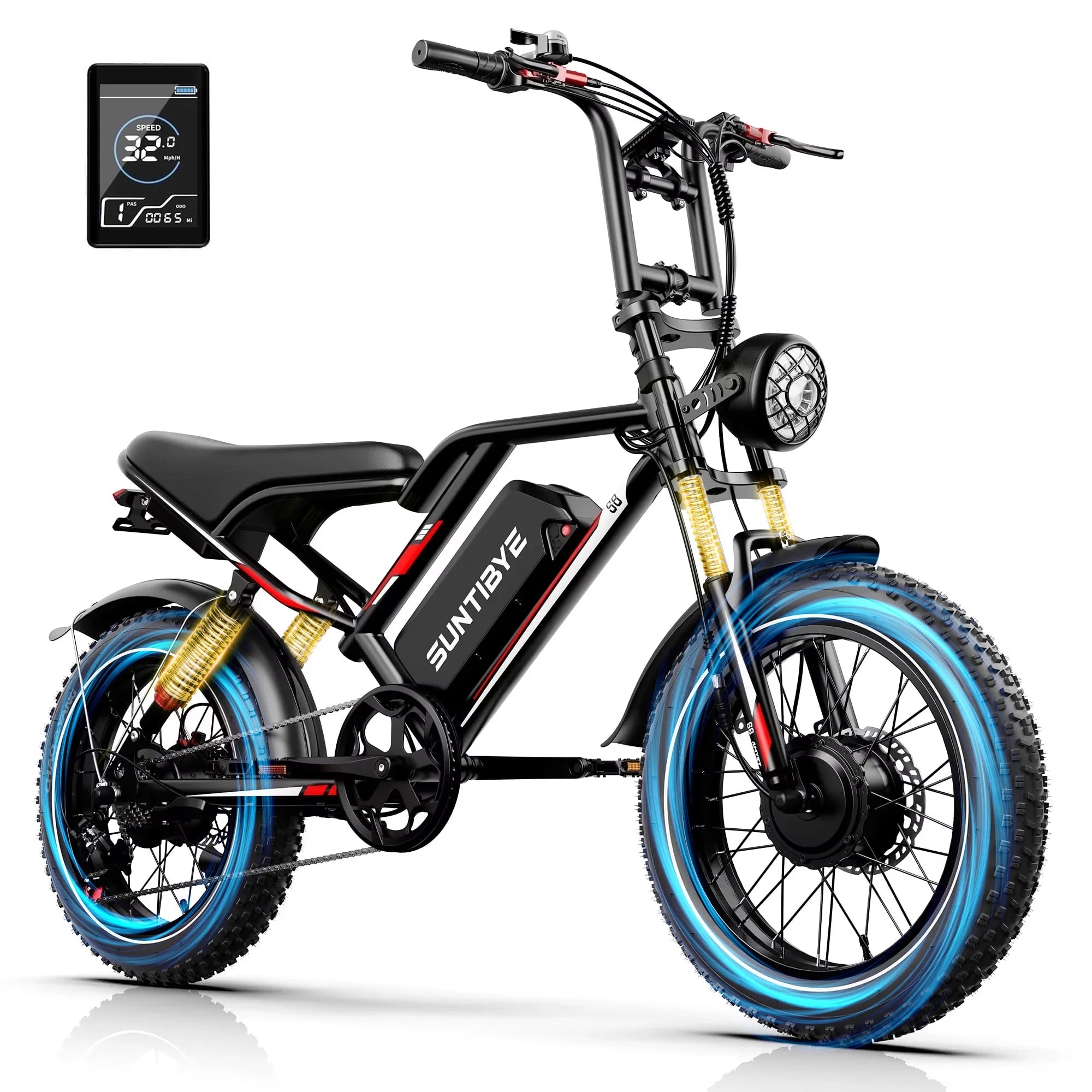S8 Fat Tire Electric Bike 20", 3000W Dual Motor E-Mountain Bike for Adults, 32MPH 7-Speed Ebike,48V 25AH UL2849, Black