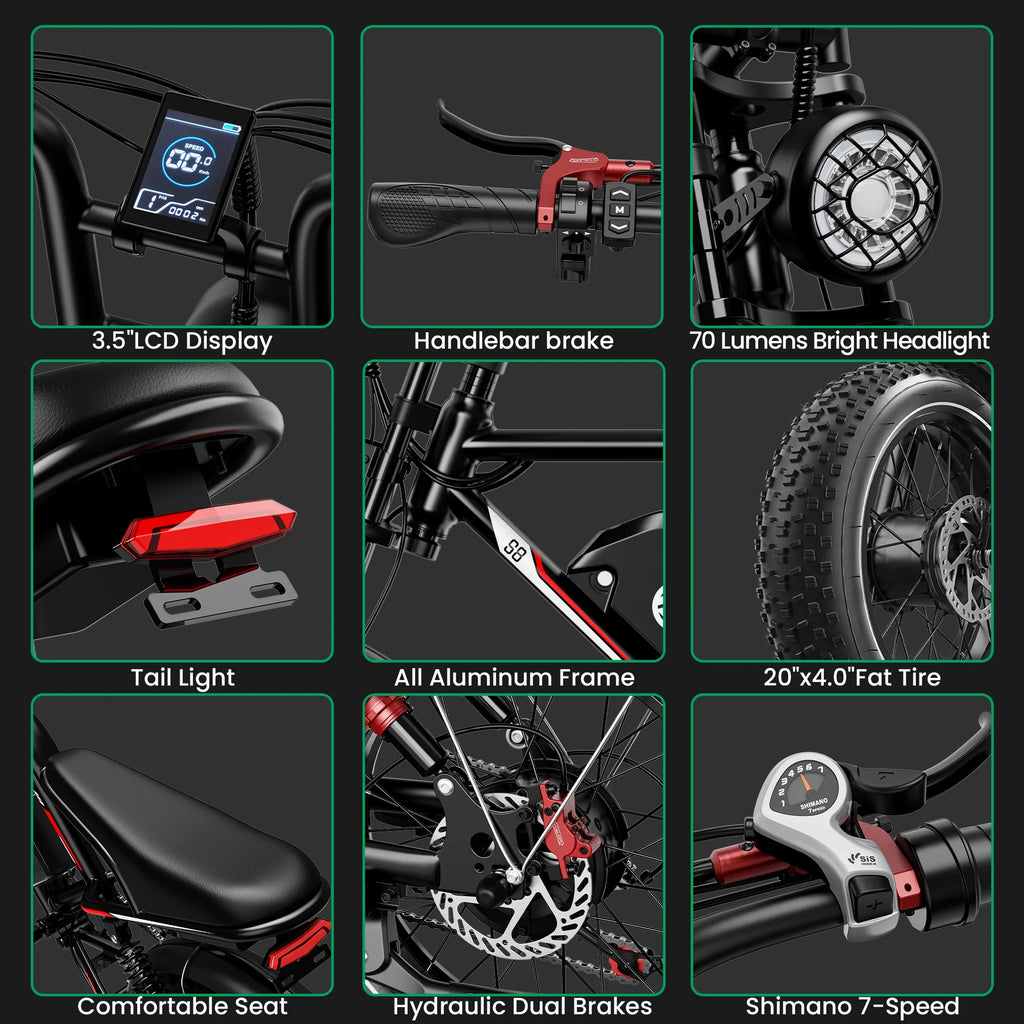 S8 Fat Tire Electric Bike 20", 3000W Dual Motor E-Mountain Bike for Adults, 32MPH 7-Speed Ebike,48V 25AH UL2849, Black