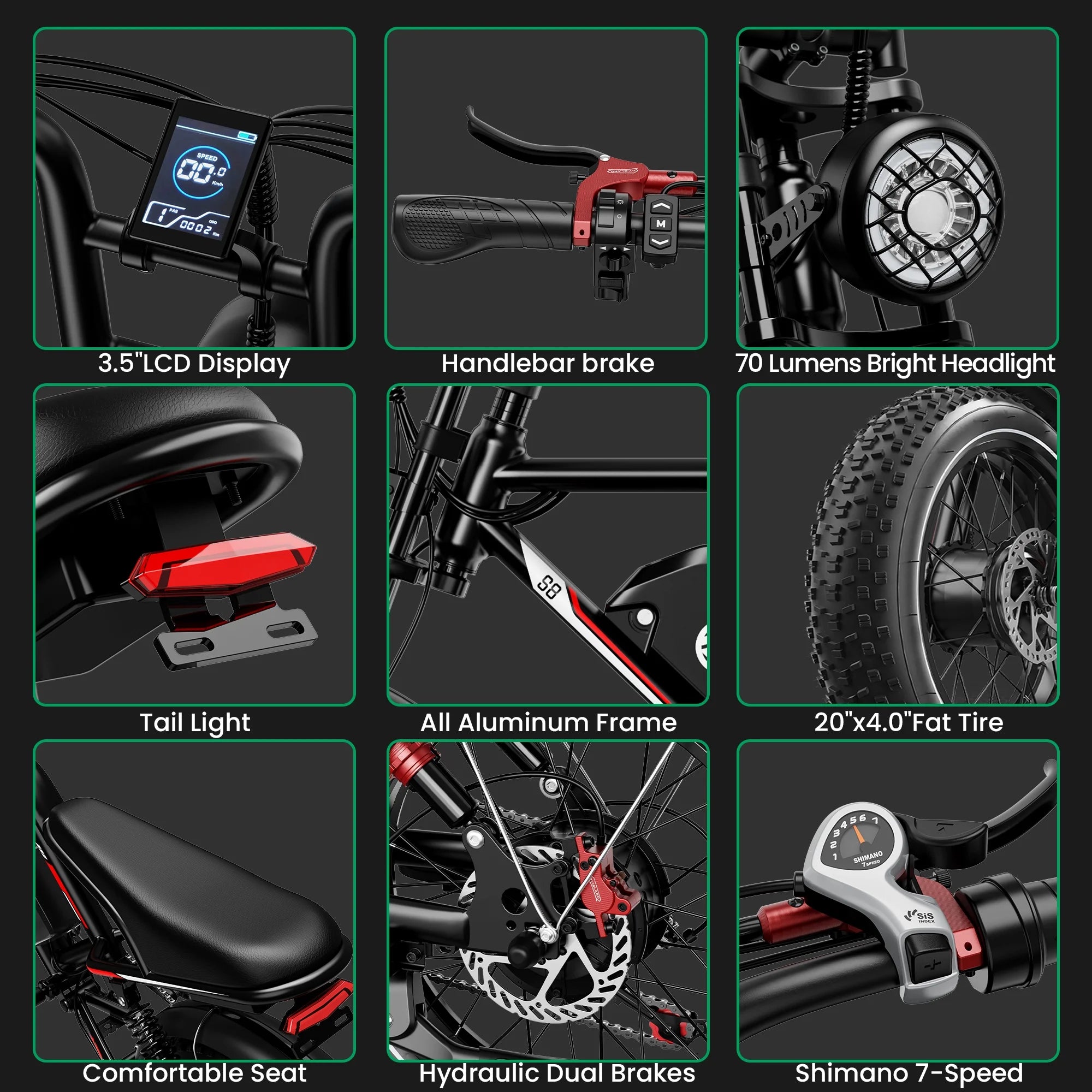 S8 Fat Tire Electric Bike 20", 3000W Dual Motor E-Mountain Bike for Adults, 32MPH 7-Speed Ebike,48V 25AH UL2849, Black