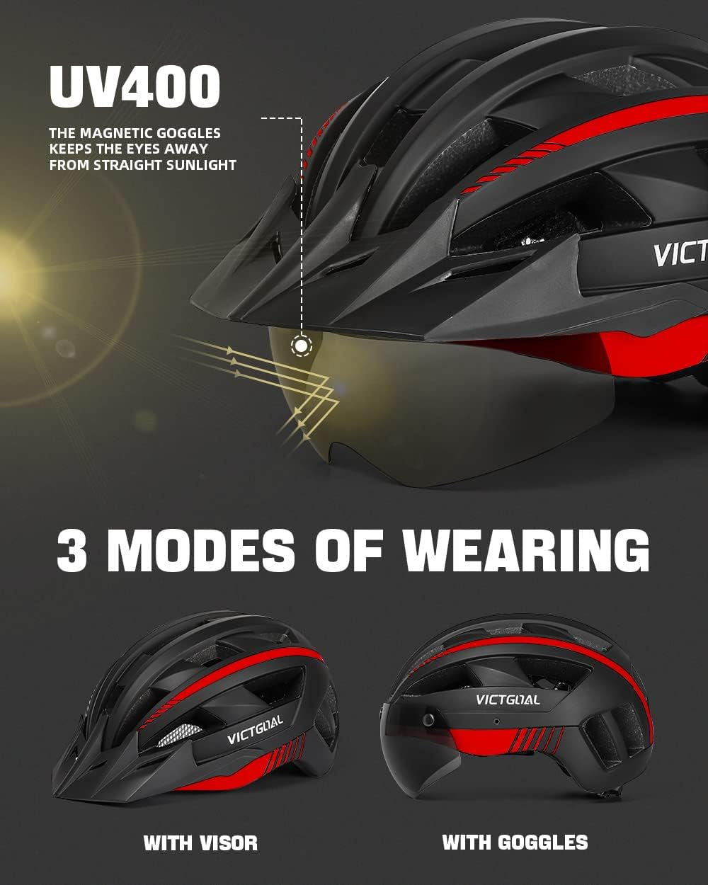 Bike Helmet with USB Rechargeable Rear Light Detachable Magnetic Goggles Removable Sun Visor Mountain & Road Bicycle Helmets for Men Women Adult Cycling Helmets