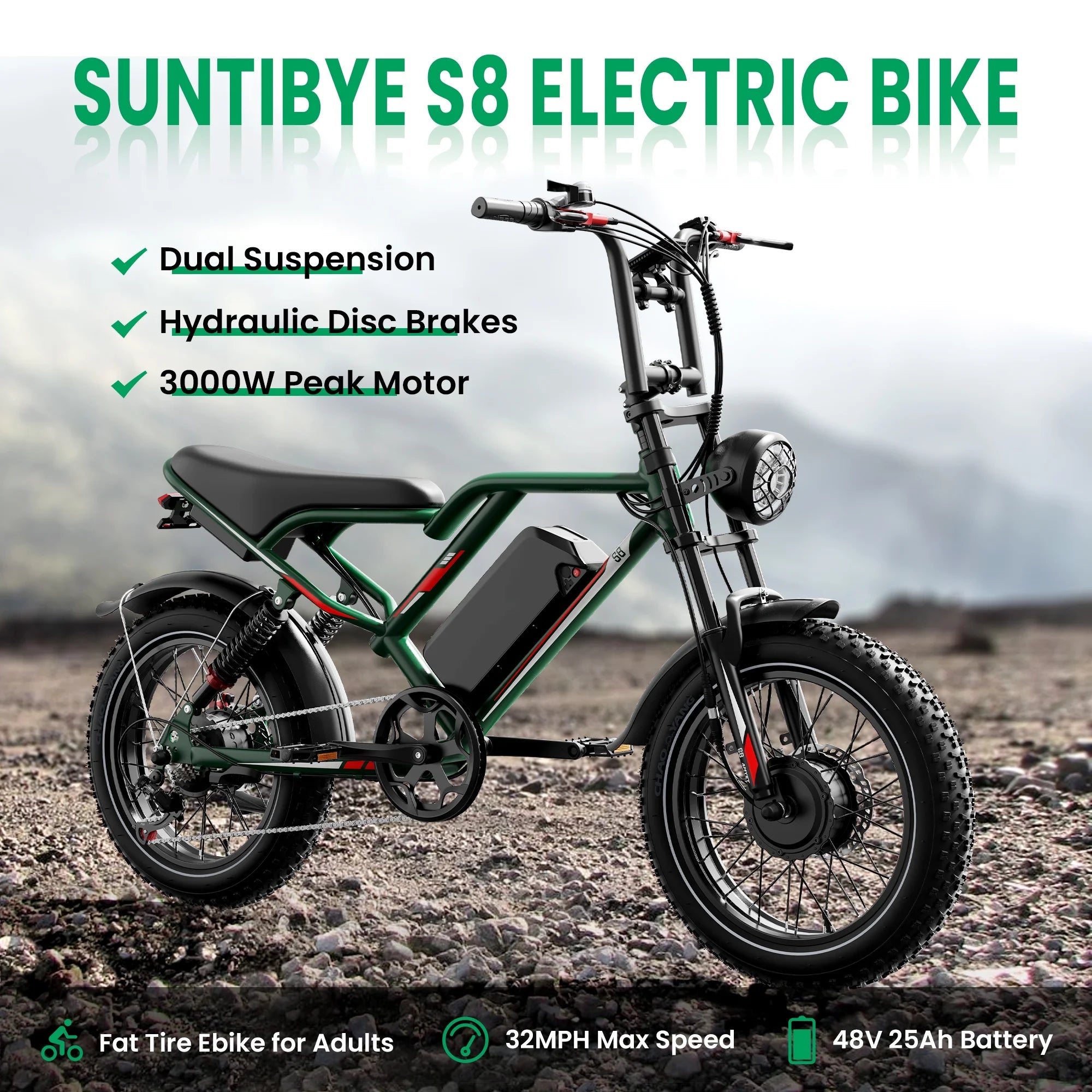 S8 Fat Tire Electric Bike 20", 3000W Dual Motor E-Mountain Bike for Adults, 32MPH 7-Speed Ebike,48V 25AH UL2849, Green