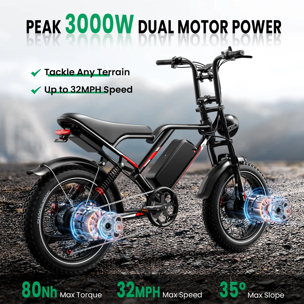 S8 Fat Tire Electric Bike 20", 3000W Dual Motor E-Mountain Bike for Adults, 32MPH 7-Speed Ebike,48V 25AH UL2849, Black