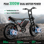 S8 Fat Tire Electric Bike 20", 3000W Dual Motor E-Mountain Bike for Adults, 32MPH 7-Speed Ebike,48V 25AH UL2849, Black